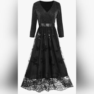 3/4 quarter sleeve lace & sequin overlay maxi dress